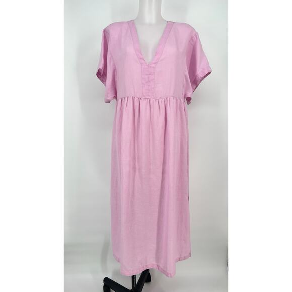 Oliphant 100% Linen Shift Dress Womens Medium Pink V Neck Midi Lagenlook Cottage - Picture 1 of 10